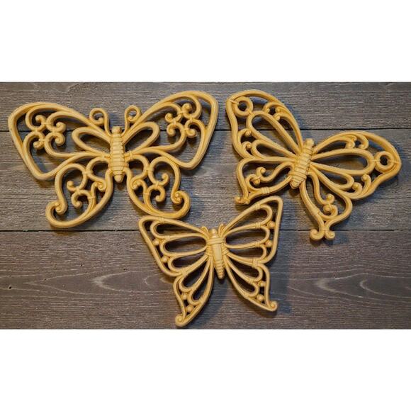 Homco Set of 3 Vintage Brown Syroco 70's Butterflies Wall Decor MCM Made In USA - Picture 1 of 12
